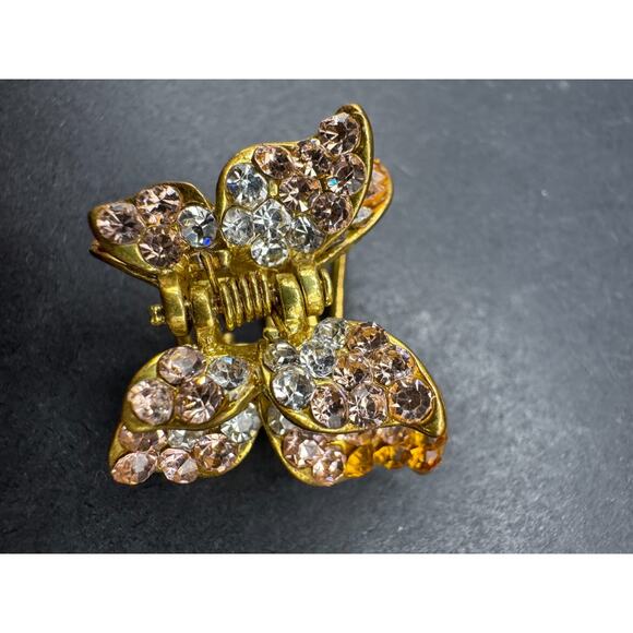 Vintage QS Signed Butterfly Hair Claws Metal Gold Tone Clear Rhinestones - Picture 6 of 10